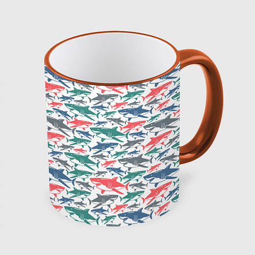 Кружка цветная Разноцветные Акулы / 3D-Оранжевый кант – фото 1