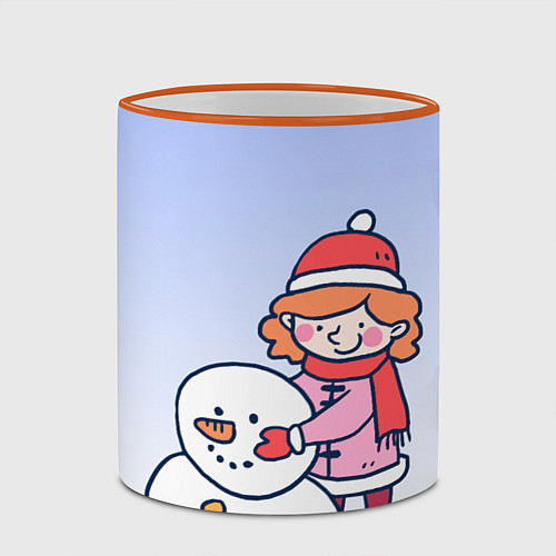 Кружка цветная Девочка лепит снеговика / 3D-Оранжевый кант – фото 2