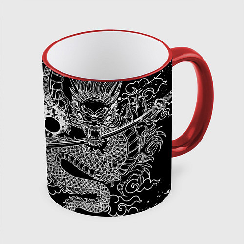 Кружка цветная БЕЛЫЙ ДРАКОН ЯПОНИЯ WHITE DRAGON / 3D-Красный кант – фото 1
