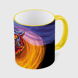 Кружка 3D Тигр в водно-огненной стихии, цвет: 3D-желтый кант