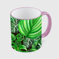 Кружка 3D Тропические листья на темном фоне, цвет: 3D-розовый кант