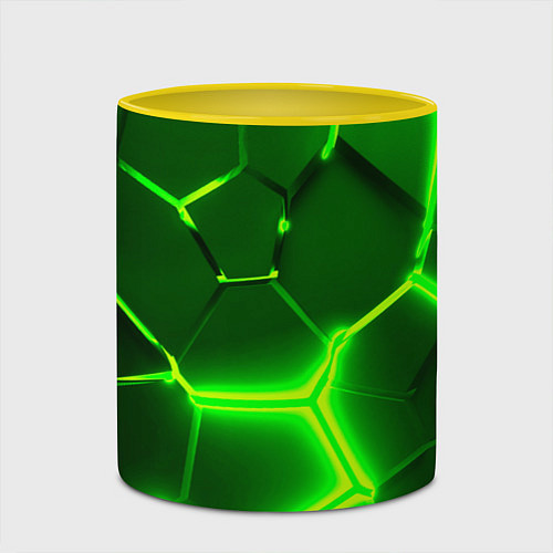 Кружка цветная 3D ПЛИТЫ НЕОН NEON GREEN HEXAGON РАЗЛОМ / 3D-Белый + желтый – фото 2