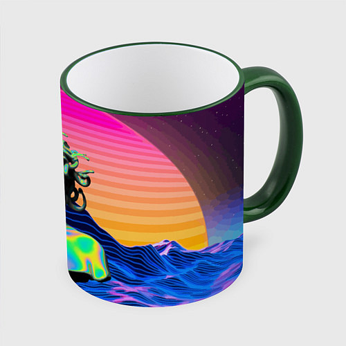 Кружка цветная Gorgon Medusa Vaporwave Neon Mountains / 3D-Зеленый кант – фото 1