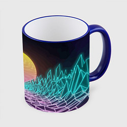 Кружка 3D Vaporwave Закат солнца в горах Neon, цвет: 3D-синий кант