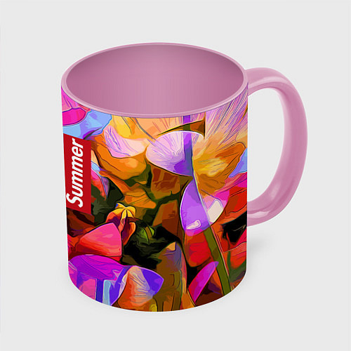 Кружка цветная Красочный летний цветочный паттерн Summer color pa / 3D-Белый + розовый – фото 1