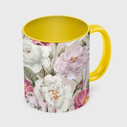 Кружка 3D Цветы Розовый Сад Пион и Роз, цвет: 3D-белый + желтый