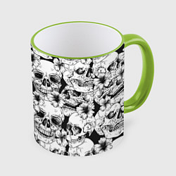 Кружка 3D Чёрно белые черепа и маки, цвет: 3D-светло-зеленый кант