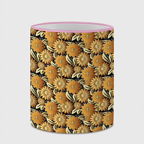 Кружка цветная Желтые цветочки паттерн / 3D-Розовый кант – фото 2