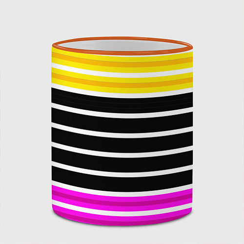 Кружка цветная Желтые розовые и черные полосы на белом / 3D-Оранжевый кант – фото 2