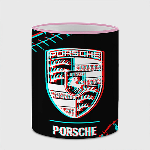 Кружка цветная Значок Porsche в стиле Glitch на темном фоне / 3D-Розовый кант – фото 2