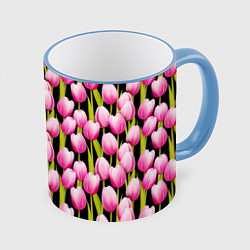 Кружка 3D Цветы Розовые Тюльпаны, цвет: 3D-небесно-голубой кант
