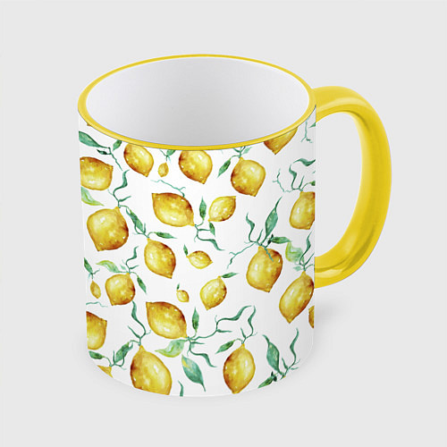 Кружка цветная Лимоны Нарисованные Акварелью / 3D-Желтый кант – фото 1