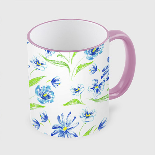 Кружка цветная Цветы Синие Нарисованные Карандашами / 3D-Розовый кант – фото 1