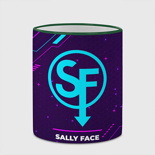 Кружка цветная Символ Sally Face в неоновых цветах на темном фоне / 3D-Зеленый кант – фото 2