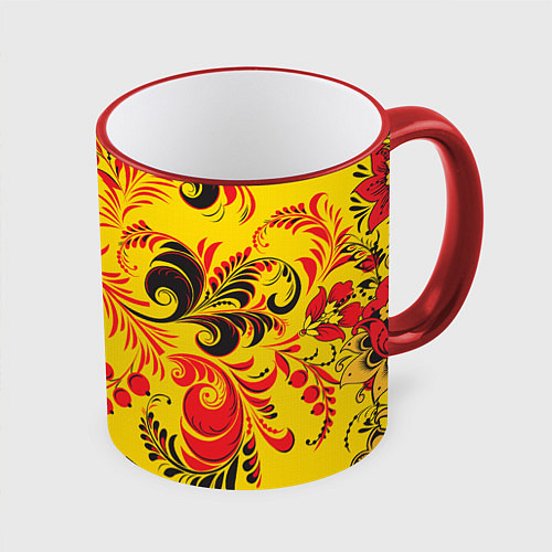 Кружка цветная Хохломская Роспись Цветы / 3D-Красный кант – фото 1