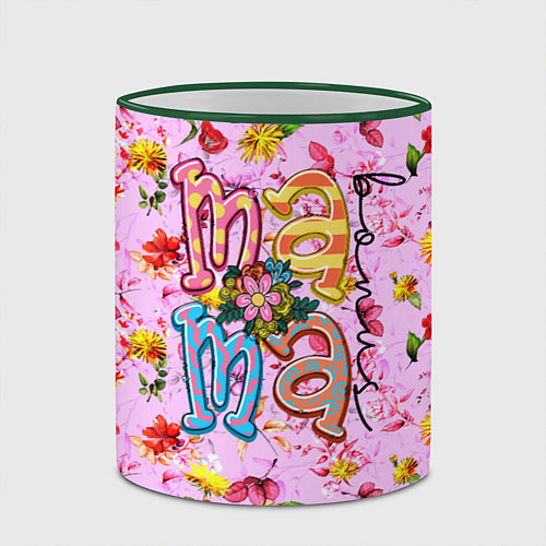 Кружка цветная Слово МАМА в цветочках / 3D-Зеленый кант – фото 2