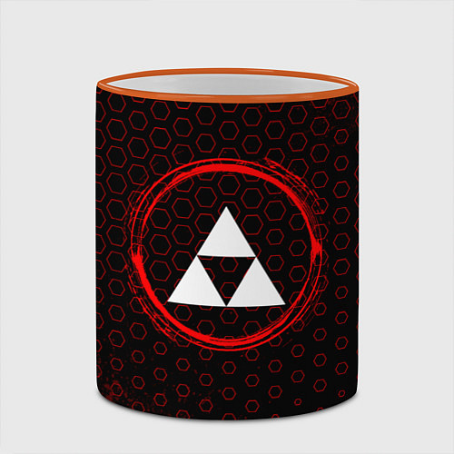 Кружка цветная Символ Zelda и краска вокруг на темном фоне / 3D-Оранжевый кант – фото 2