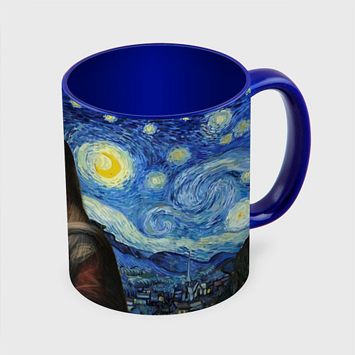 Кружка цветная Мона Лиза Приколы - Звездная ночь / 3D-Белый + синий – фото 1