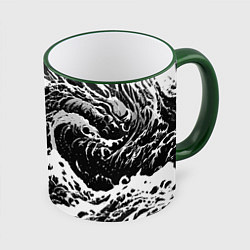 Кружка 3D Черно-белые волны, цвет: 3D-зеленый кант