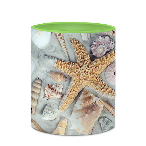 Кружка цветная Морские звёзды и ракушки на океанском песке / 3D-Белый + светло-зеленый – фото 2