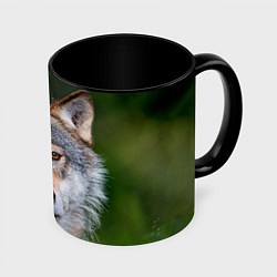 Кружка 3D Волк на фоне зелени, цвет: 3D-белый + черный