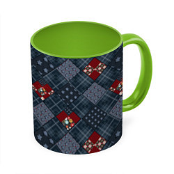 Кружка 3D Red and blue denim patchwork, цвет: 3D-белый + светло-зеленый