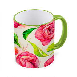 Кружка 3D Яркие выразительные розы, цвет: 3D-светло-зеленый кант
