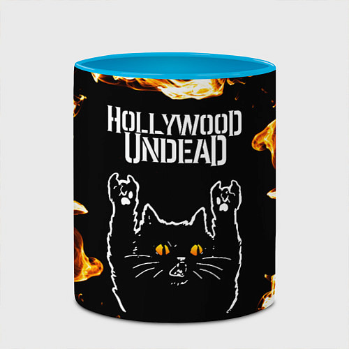 Кружка цветная Hollywood Undead рок кот и огонь / 3D-Белый + небесно-голубой – фото 2
