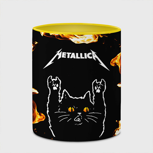 Кружка цветная Metallica рок кот и огонь / 3D-Белый + желтый – фото 2