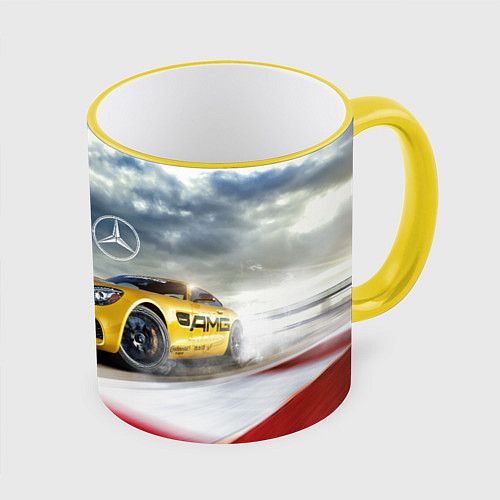 Кружка цветная Mercedes AMG V8 Biturbo на трассе / 3D-Желтый кант – фото 1
