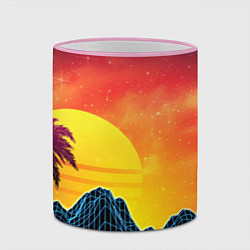 Кружка 3D Тропический остров на закате ретро иллюстрация, цвет: 3D-розовый кант — фото 2