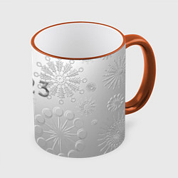 Кружка 3D Новый год 2023 в снежинках, цвет: 3D-оранжевый кант