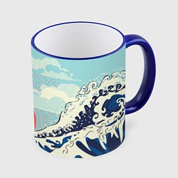 Кружка 3D Морской пейзаж с большими волнами на закате, цвет: 3D-синий кант