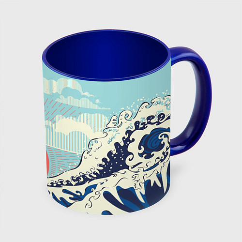 Кружка цветная Морской пейзаж с большими волнами на закате / 3D-Белый + синий – фото 1