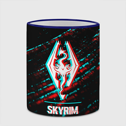 Кружка цветная Skyrim в стиле glitch и баги графики на темном фон / 3D-Синий кант – фото 2