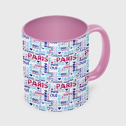 Кружка цветная Парижская бумага с надписями - текстура / 3D-Белый + розовый – фото 1