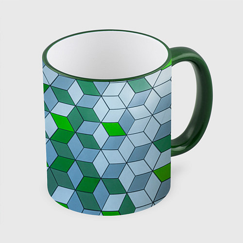 Кружка цветная Зелёные и серые абстрактные кубы с оптической иллю / 3D-Зеленый кант – фото 1