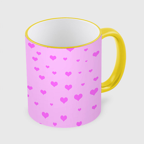 Кружка цветная Сердечки розовые абстракция / 3D-Желтый кант – фото 1