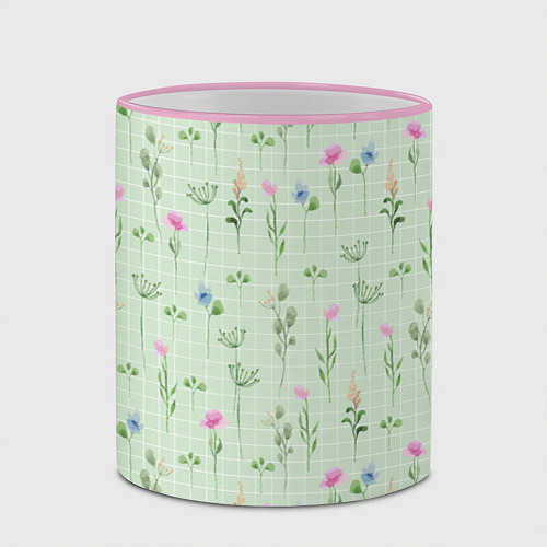 Кружка цветная Акварельные растения на зеленой клетке / 3D-Розовый кант – фото 2
