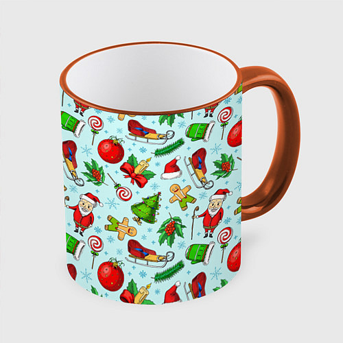 Кружка цветная Новогодний паттерн / 3D-Оранжевый кант – фото 1