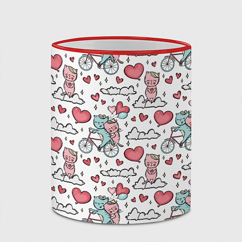 Кружка цветная Влюблённые кот и кошка на велосипеде / 3D-Красный кант – фото 2