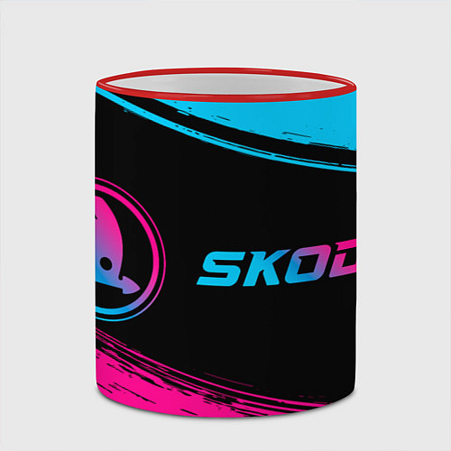 Кружка цветная Skoda - neon gradient: надпись и символ / 3D-Красный кант – фото 2
