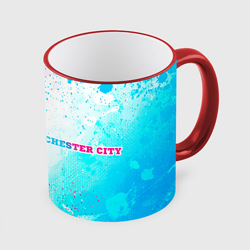 Кружка цветная Manchester City neon gradient style: надпись и сим / 3D-Красный кант – фото 1