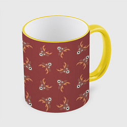 Кружка 3D Эстетика: праздничные олени на бордовом фоне, цвет: 3D-желтый кант