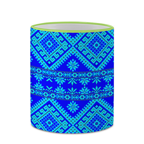 Кружка цветная Сине-голубые узоры - вышивка / 3D-Светло-зеленый кант – фото 2