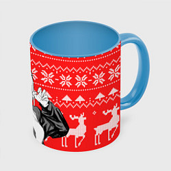 Кружка 3D Новогодняя Пауэр: Человек-бензопила, цвет: 3D-белый + небесно-голубой