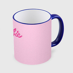 Кружка 3D Барби - логотип на клетчатом фоне, цвет: 3D-синий кант