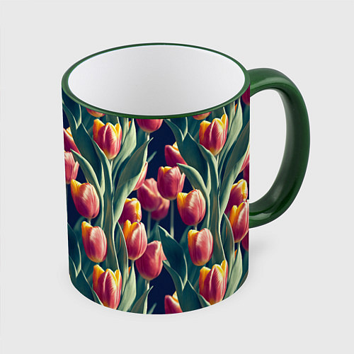 Кружка цветная Много тюльпанов / 3D-Зеленый кант – фото 1