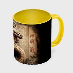 Кружка 3D Китайский дракон с открытой пастью, цвет: 3D-белый + желтый