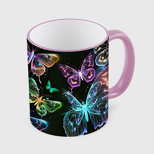 Кружка цветная Неоновые дикие бабочки / 3D-Розовый кант – фото 1